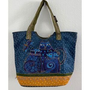 Laurel Burch Bags Blue Cats Embroidered Large Zippered Tote Shoulder Bag 90s